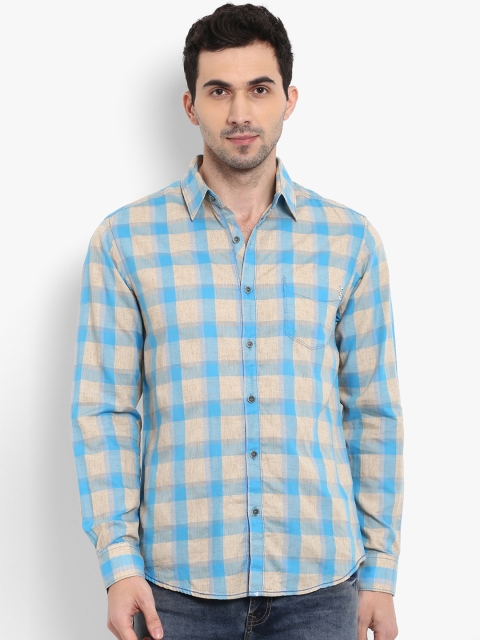 

Mufti Men Turquoise Blue & Beige Slim Fit Checked Casual Shirt