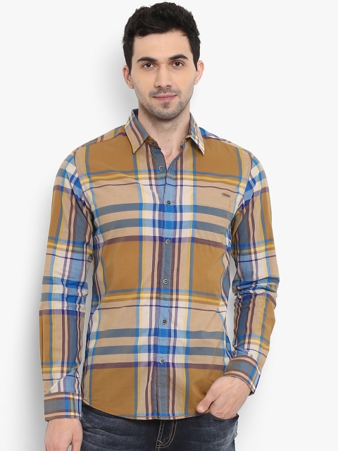 

Mufti Men Khaki & Blue Slim Fit Checked Casual Shirt