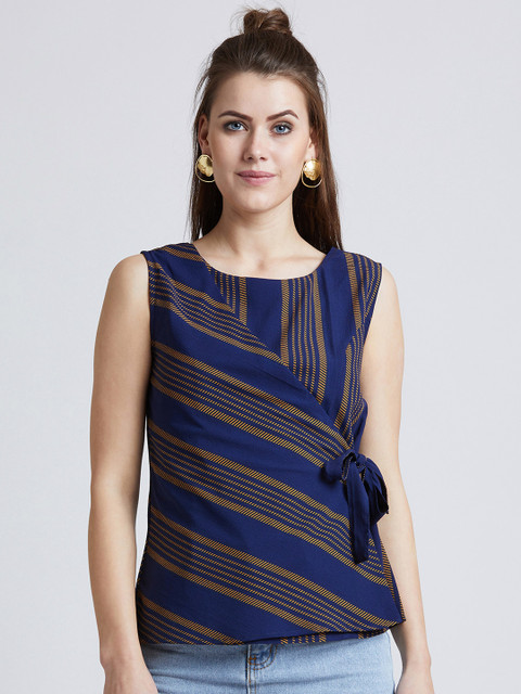 

RARE Women Navy Blue Striped Wrap Top