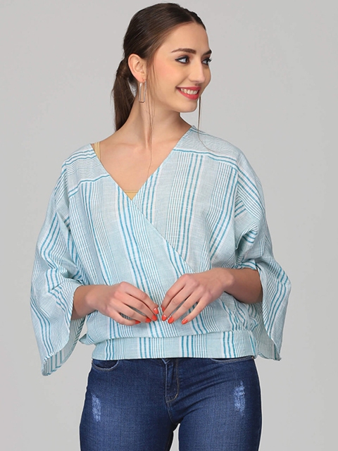 Abhishti Women Green Striped Wrap Pure Cotton Top