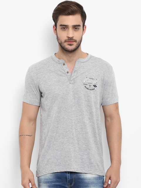 Mufti Men Grey Printed Mandarin Collar T-shirt
