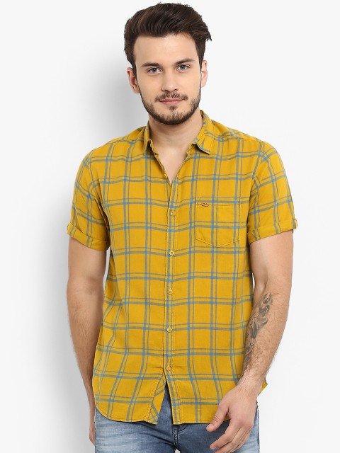 

Mufti Men Mustard Yellow & Blue Slim Fit Checked Casual Shirt