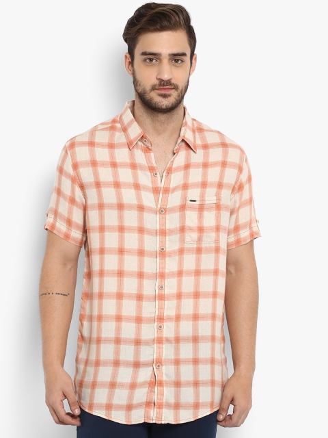 

Mufti Men Off-White & Peach-Coloured Slim Fit Checked Casual Shirt