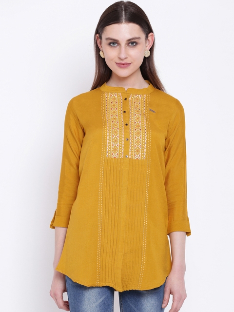 

Kvsfab Women Mustard Yellow Embroidered A-Line Kurti