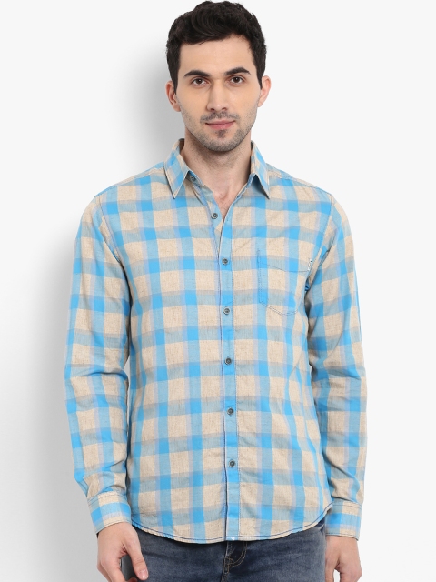 

Mufti Men Turquoise Blue & Beige Slim Fit Checked Casual Shirt