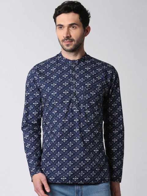 

Peter England Men Navy Blue & Beige Printed Straight Kurta