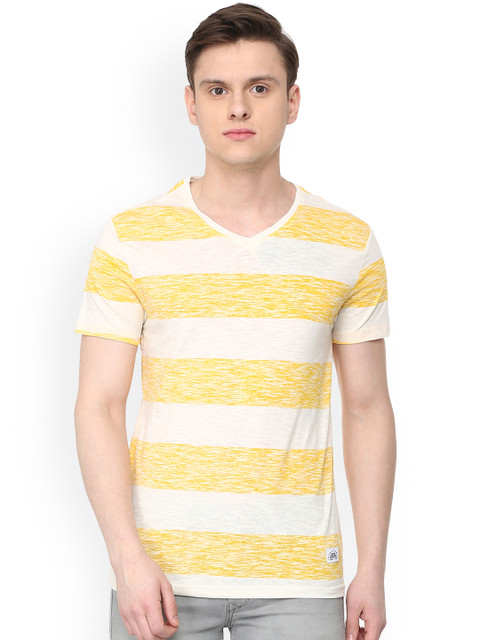 

People Men Yellow Striped V-Neck T-shirt