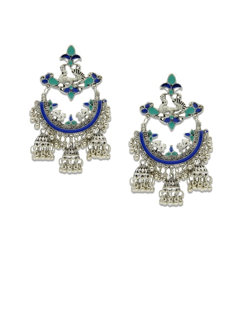 

Crunchy Fashion Silver-Toned & Blue Contemporary Jhumkas