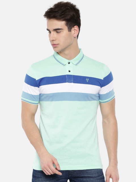 

Classic Polo Men Sea Green Striped Polo Collar T-shirt