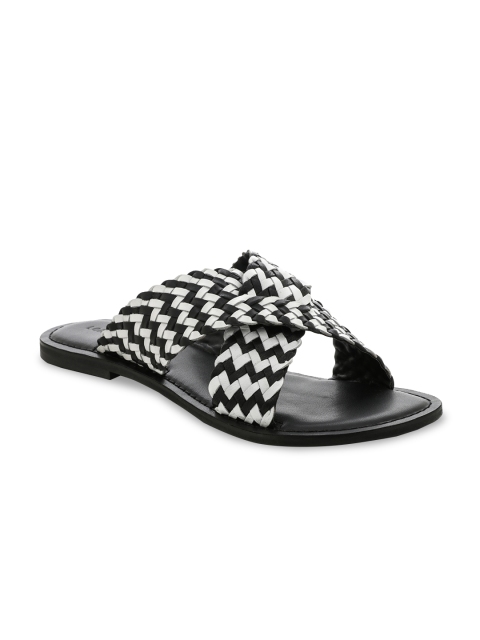 

London Rag Women Black Woven Design Leather Open Toe Flats