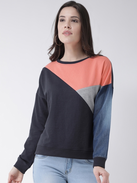 

Club York Women Navy Blue & Peach-Coloured Colourblocked Sweatshirt