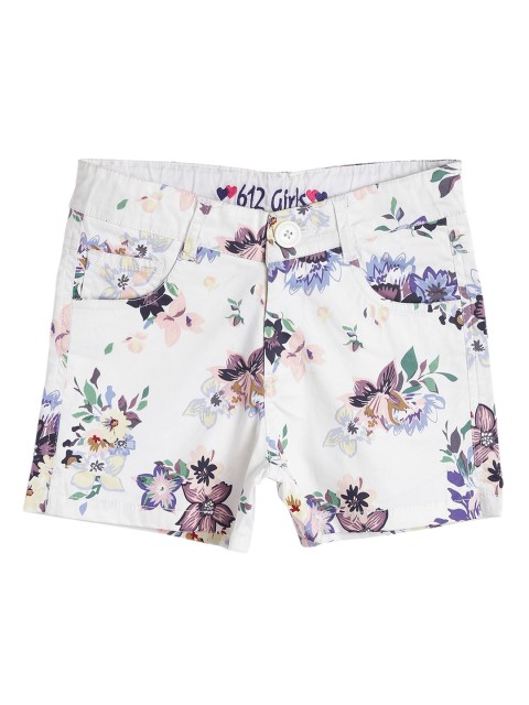 

612 league Girls White Printed Regular Fit Regular Shorts