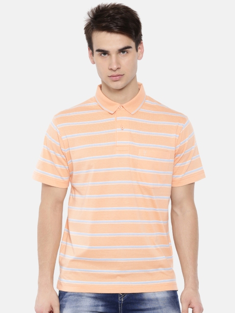 

Classic Polo Men Peach-Coloured Striped Polo Collar T-shirt