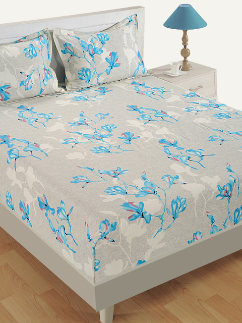 

SWAYAM Grey & Blue Floral 200 TC Cotton 1 Queen Bedsheet with 2 Pillow Covers