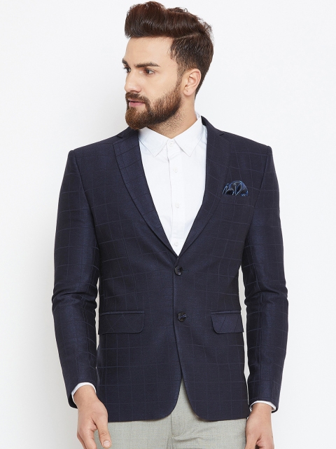 

Canary London Men Navy Blue Checked Slim-Fit Single-Breasted Blazer
