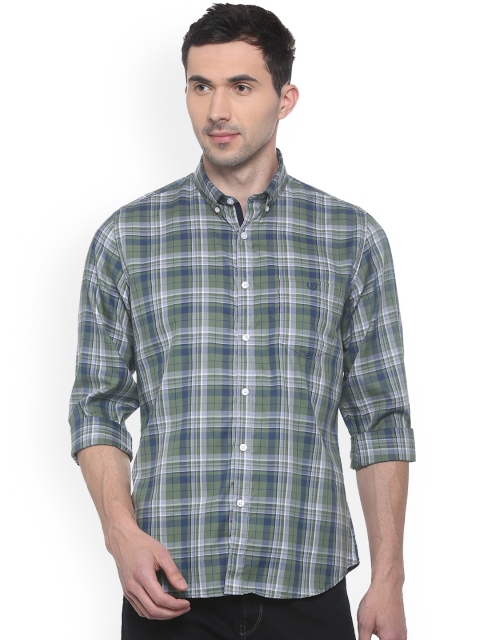 Van Heusen Sport Men Olive Green & Blue Slim Fit Checked Casual Shirt