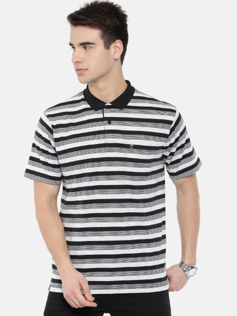

Classic Polo Men Black & White Striped Polo Collar T-shirt