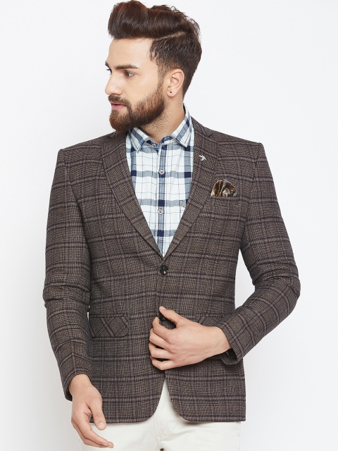 

Canary London Men Brown Checked Slim-Fit Single-Breasted Blazer