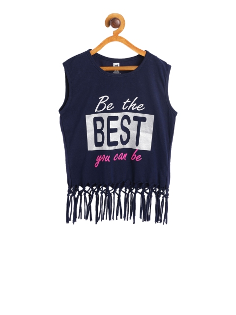 

612 league Girls Navy Blue Printed Pure Cotton Top