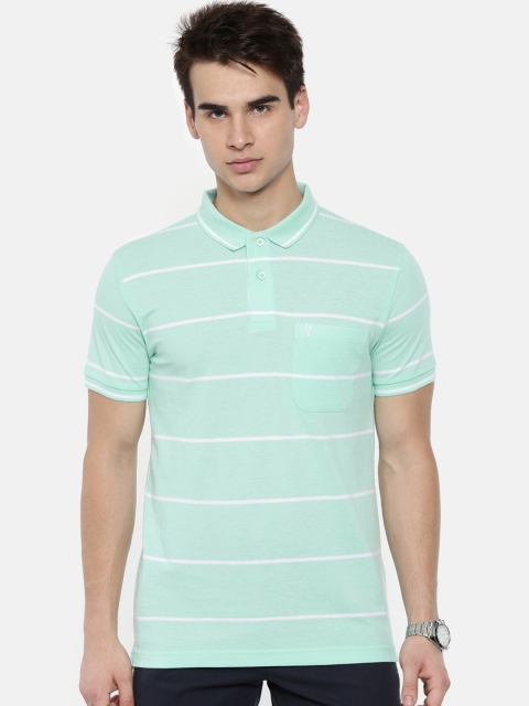 

Classic Polo Men Turquoise Blue Striped Polo Collar Slim Fit T-shirt