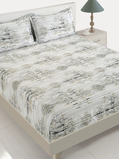 

SWAYAM White & Grey Ethnic Motifs 300 TC Cotton 1 King Bedsheet with 2 Pillow Covers