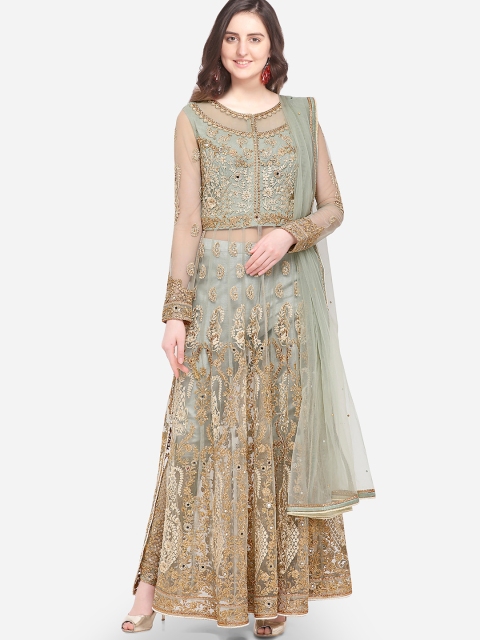

Stylee LIFESTYLE Green Net Semi-Stitched Dress Material