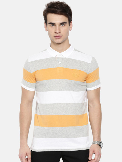 

Classic Polo Men Yellow & Grey Striped Slim Fit Polo Collar T-shirt