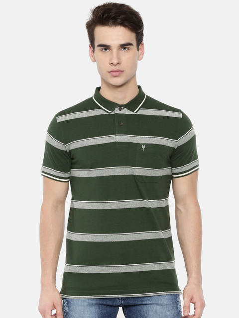 

Classic Polo Men Green & Grey Striped Polo Collar Slim Fit T-shirt