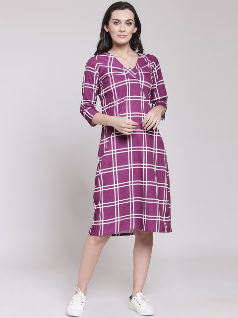 

plusS Women Purple & White Checked A-Line Dress