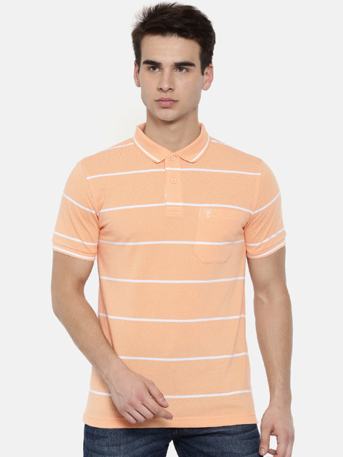 

Classic Polo Men Peach-Coloured Striped Polo Collar Slim Fit T-shirt