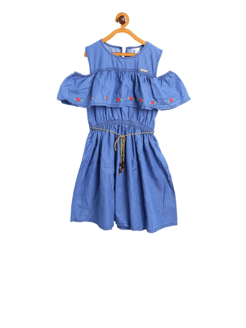 

612 league Girls Blue Solid Denim Blouson Dress