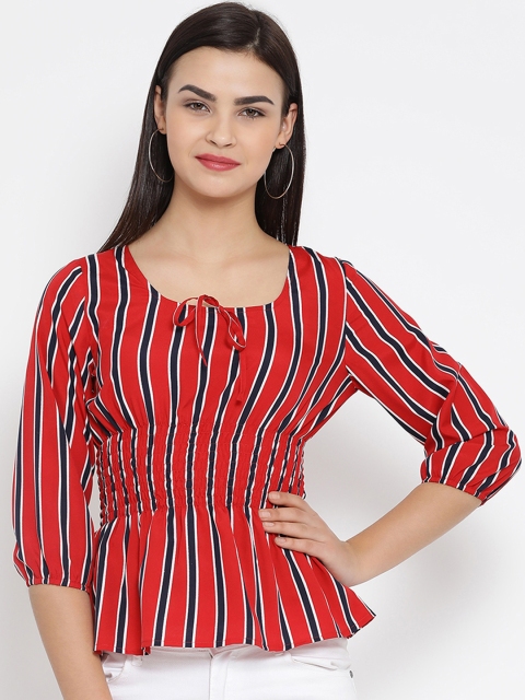 

Meee Women Red Striped Cinched Waist Top