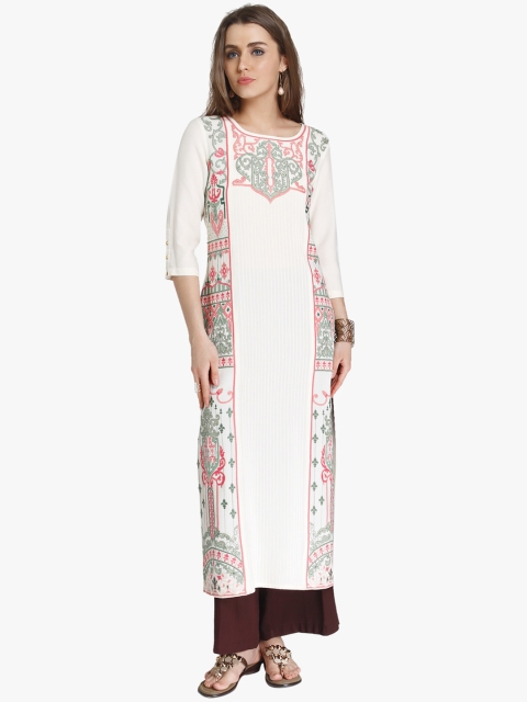 

Naari Women Cream-Coloured & Pink Printed Straight Kurta