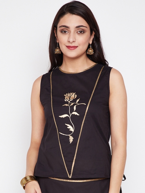 

studio rasa Women Cotton Poplin Hand Block Printed Panelled Top, Coffee brown