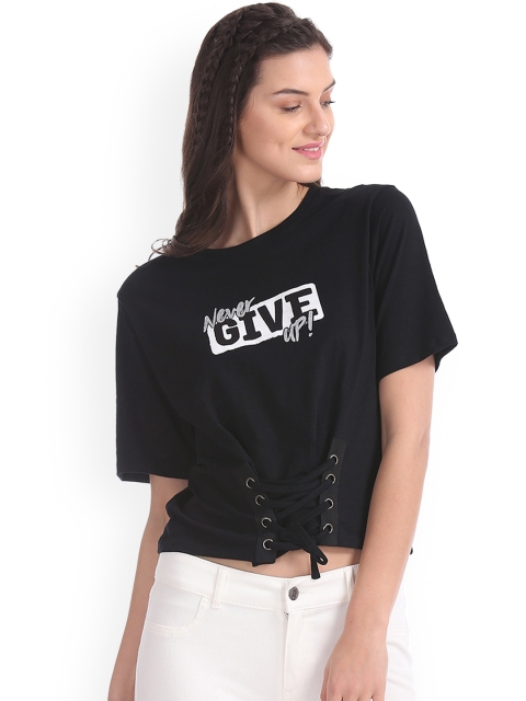 Sugr Women Black Printed Crop Pure Cotton Top