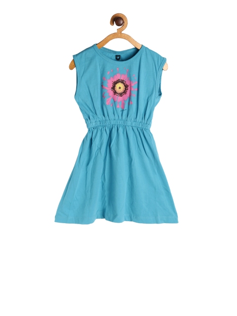 

612 league Girls Turquoise Blue Printed Fit and Flare Dress