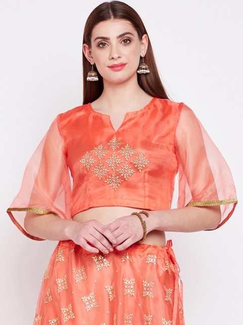 

studio rasa Women Organza Embroidered Bell Sleeves Crop Top, Coral
