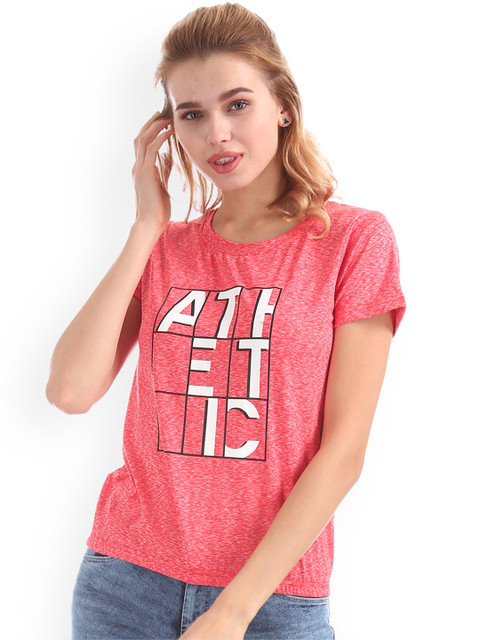 

Sugr Women Coral Pink Printed Round Neck T-shirt