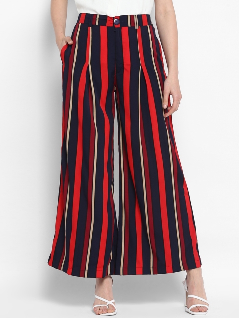 

PURYS Women Red & Navy Blue Smart Flared Striped Parallel Trousers