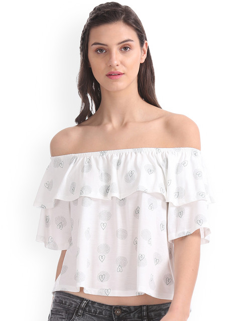 

Sugr Women White Printed Bardot Top