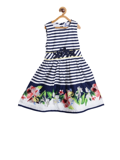 

612 league Girls Navy Blue & White Striped Fit and Flare Dress