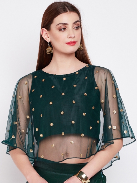 

studio rasa Women Net Sequins Embroidered Cape Top, Green