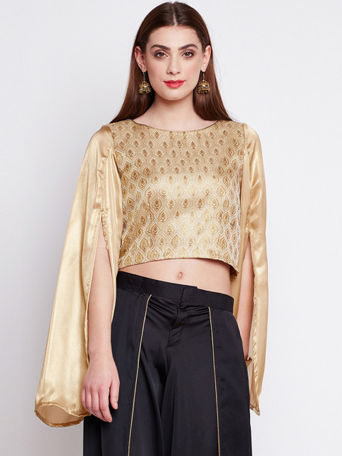 

studio rasa Women Faux Brocade Long Sleeve Crop Top, Gold