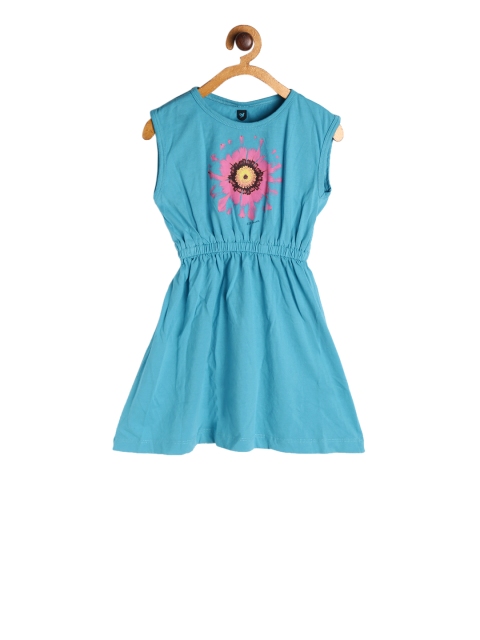 

612 league Girls Turquoise Blue Printed Fit and Flare Dress