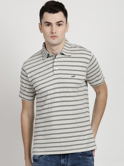 

Crocodile Men Grey Striped Polo Collar T-shirt