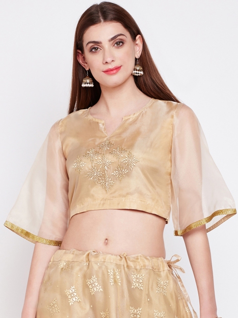 

studio rasa Women Organza Embroidered Bell Sleeves Crop Top, Beige