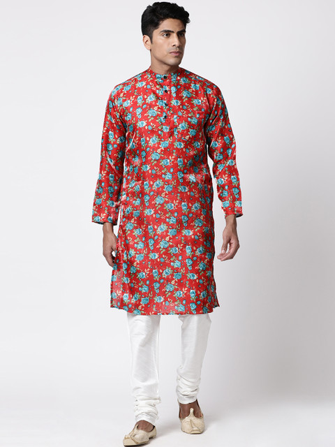 

Svanik Men Red & Blue Printed Straight Kurta