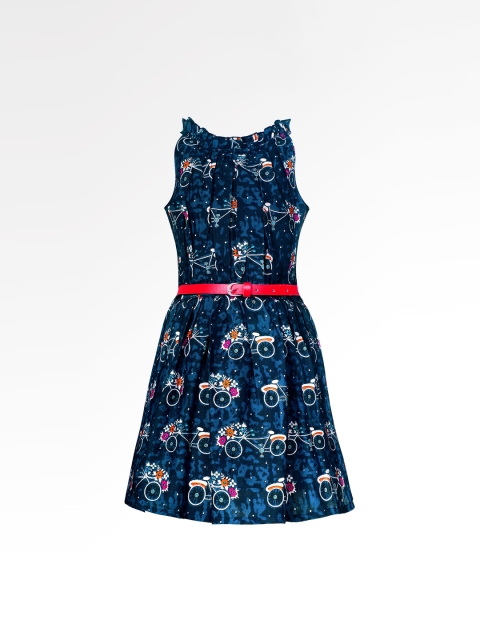 

naughty ninos Girls Navy Blue Printed Fit and Flare Dress