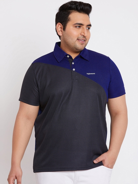 

bigbanana Plus Size Men Black Blue Colourblocked Polo Collar T-shirt