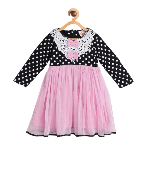 

612 league Girls Pink & Black Printed Fit and Flare Dress